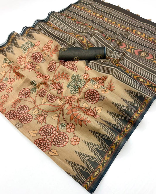 Embellished Brown Printed Cotton Silk Saree With Incredible Blouse Piece