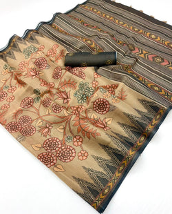Embellished Brown Printed Cotton Silk Saree With Incredible Blouse Piece