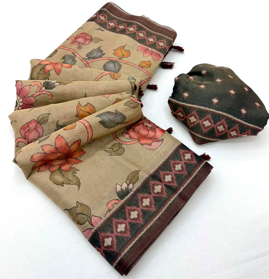 Stunning Dark Beige Printed Cotton Silk Saree With Beguiling Blouse Piece