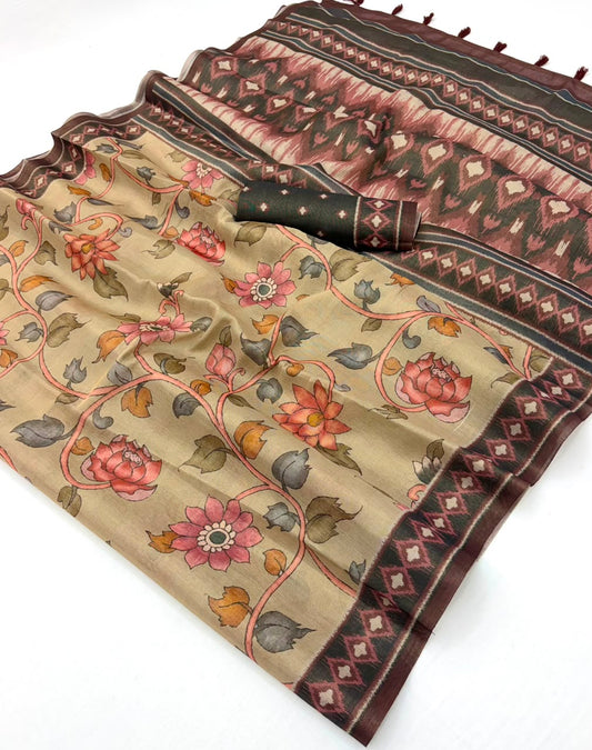 Stunning Dark Beige Printed Cotton Silk Saree With Beguiling Blouse Piece