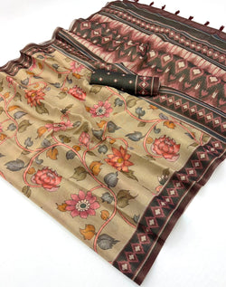 Stunning Dark Beige Printed Cotton Silk Saree With Beguiling Blouse Piece