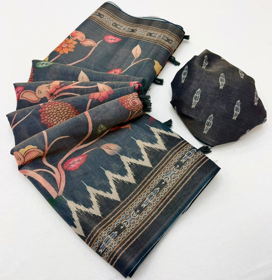 Pulsating Dark Grey Printed Cotton Silk Saree With Ephemeral Blouse Piece