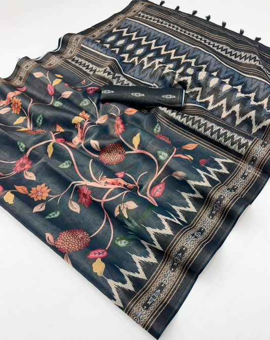 Pulsating Dark Grey Printed Cotton Silk Saree With Ephemeral Blouse Piece