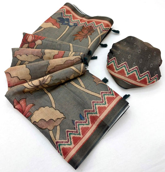 Opulent Grey Printed Cotton Silk Saree With Excellent Blouse Piece