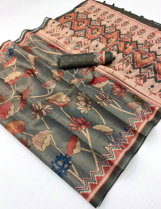 Opulent Grey Printed Cotton Silk Saree With Excellent Blouse Piece
