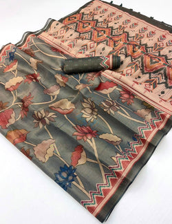 Opulent Grey Printed Cotton Silk Saree With Excellent Blouse Piece