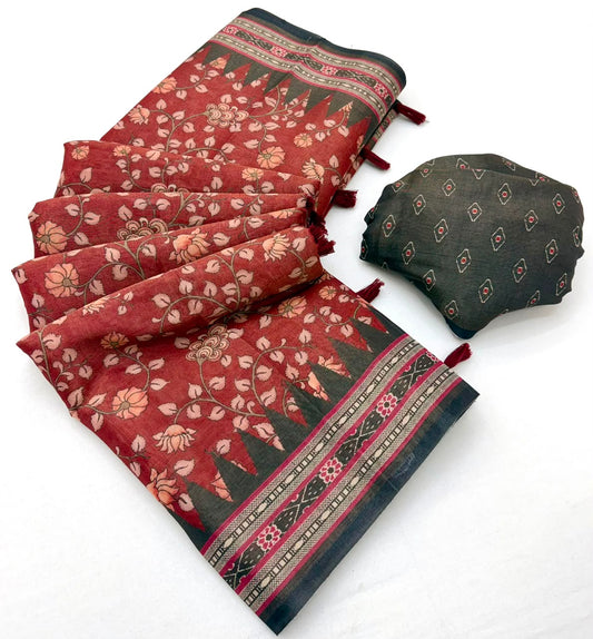 Dulcet Maroon Printed Cotton Silk Saree With Resonant Blouse Piece