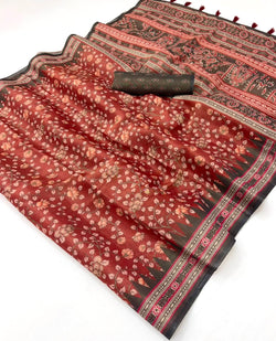 Dulcet Maroon Printed Cotton Silk Saree With Resonant Blouse Piece