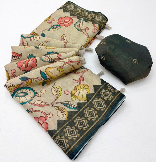 Zephyr Pista Printed Cotton Silk Saree With Gorgeous Blouse Piece