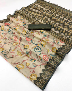 Zephyr Pista Printed Cotton Silk Saree With Gorgeous Blouse Piece