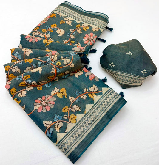 Lagniappe Rama Printed Cotton Silk Saree With Sempiternal Blouse Piece