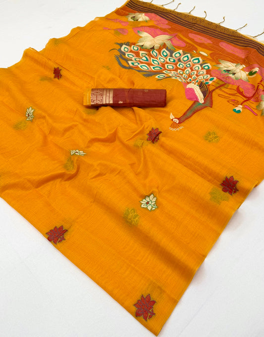 Sophisticated Mustard Pure Munga Cotton Silk Saree With Diaphanous Blouse Piece