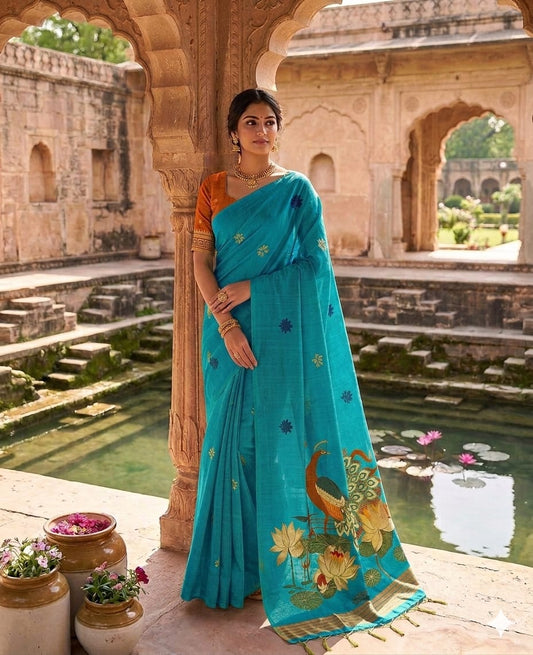 Verdant Firozi Pure Munga Cotton Silk Saree With Gratifying Blouse Piece