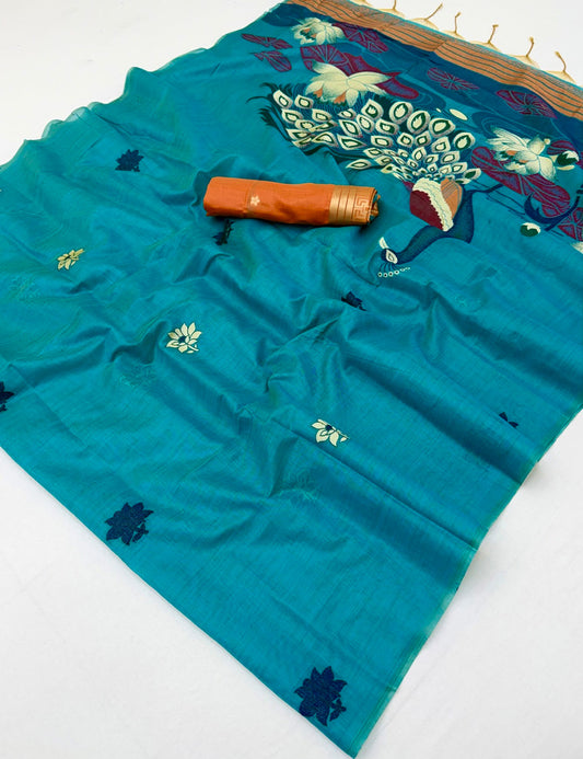 Verdant Firozi Pure Munga Cotton Silk Saree With Gratifying Blouse Piece