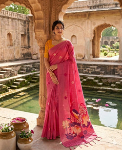 Artistic Dark Pink Pure Munga Cotton Silk Saree With Phenomenal Blouse Piece