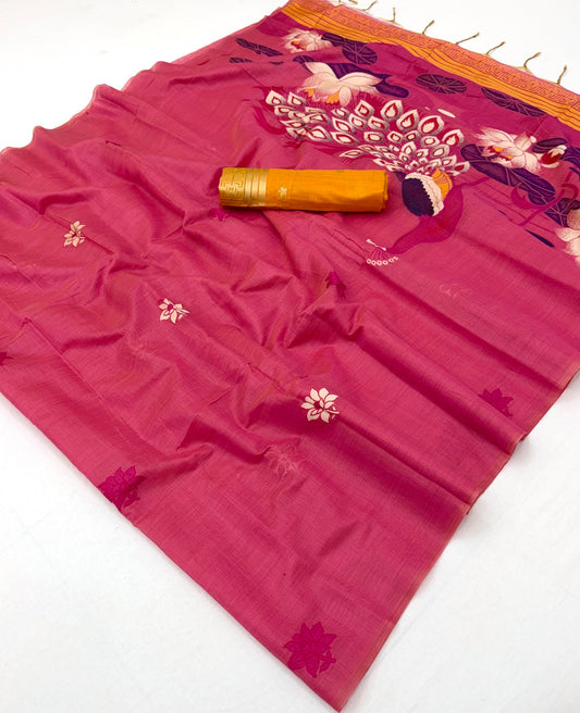 Artistic Dark Pink Pure Munga Cotton Silk Saree With Phenomenal Blouse Piece