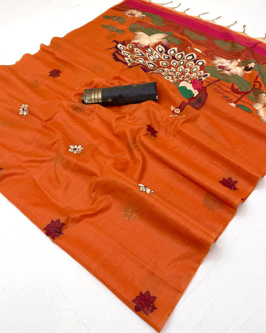 Enamoring Orange Pure Munga Cotton Silk Saree With Classy Blouse Piece