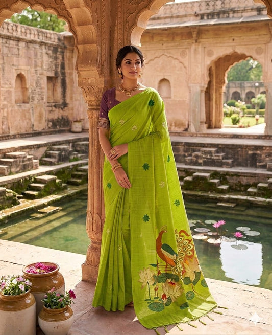 Embellished Green Pure Munga Cotton Silk Saree With Delectable Blouse Piece