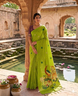 Embellished Green Pure Munga Cotton Silk Saree With Delectable Blouse Piece