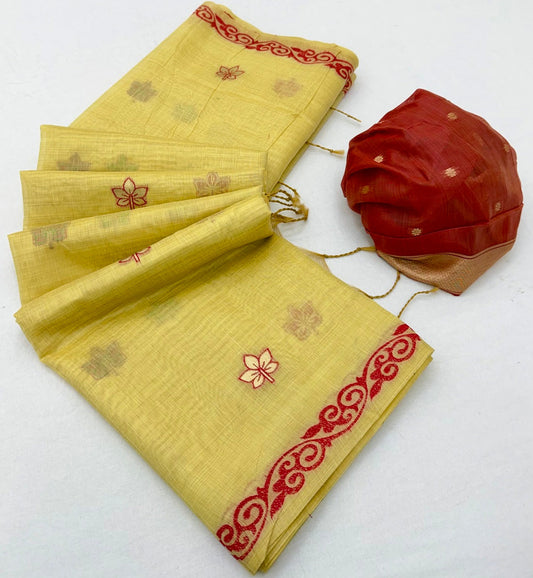 Felicitous Yellow Pure Munga Cotton Silk Saree With Enticing Blouse Piece