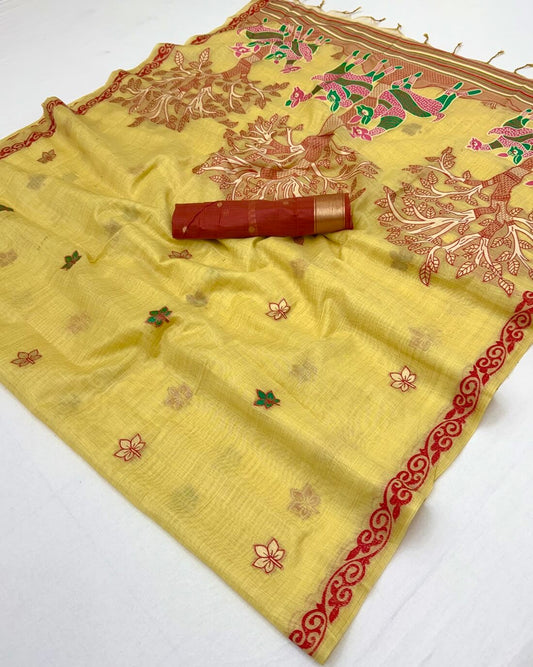 Felicitous Yellow Pure Munga Cotton Silk Saree With Enticing Blouse Piece