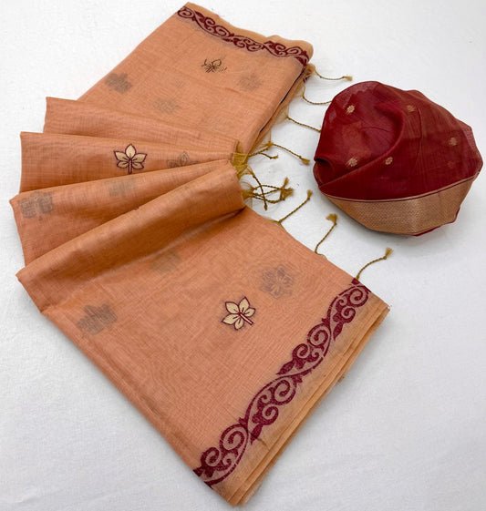 Ailurophile Peach Pure Munga Cotton Silk Saree With Splendorous Blouse Piece