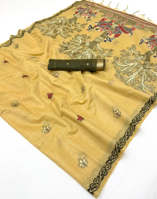 Panoply Beige Pure Munga Cotton Silk Saree With Twirling Blouse Piece