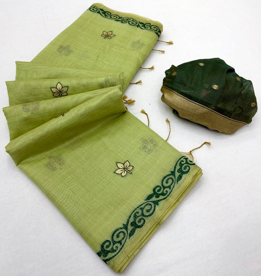 Charismatic Pista Pure Munga Cotton Silk Saree With Confounding Blouse Piece