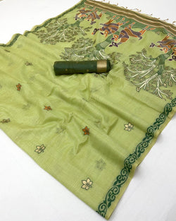 Charismatic Pista Pure Munga Cotton Silk Saree With Confounding Blouse Piece