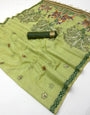 Charismatic Pista Pure Munga Cotton Silk Saree With Confounding Blouse Piece