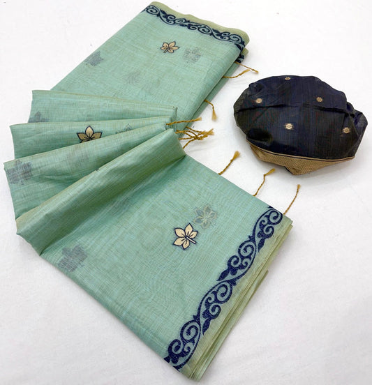 Stunner Sea Green Pure Munga Cotton Silk Saree With Evanescent Blouse Piece