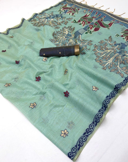 Stunner Sea Green Pure Munga Cotton Silk Saree With Evanescent Blouse Piece