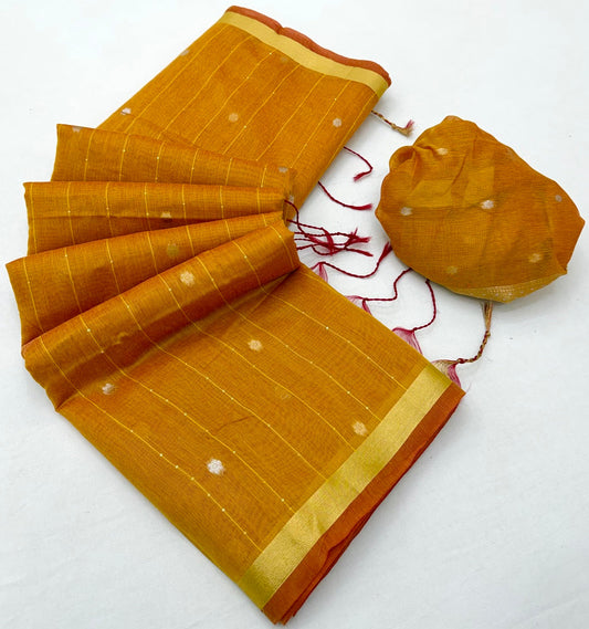 Adoring Mustard Pure Munga Cotton Saree With Engrossing Blouse Piece