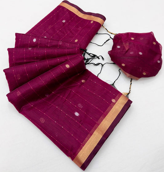 Ineffable Wine Pure Munga Cotton Saree With Ethereal Blouse Piece