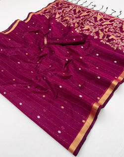 Ineffable Wine Pure Munga Cotton Saree With Ethereal Blouse Piece