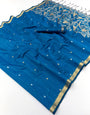 Capricious Blue Pure Munga Cotton Saree With Propinquity Blouse Piece
