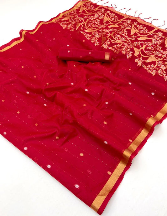 Invaluable Red Pure Munga Cotton Saree With Dalliance Blouse Piece