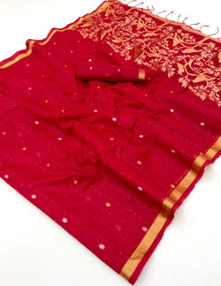Invaluable Red Pure Munga Cotton Saree With Dalliance Blouse Piece
