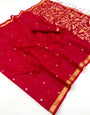Invaluable Red Pure Munga Cotton Saree With Dalliance Blouse Piece