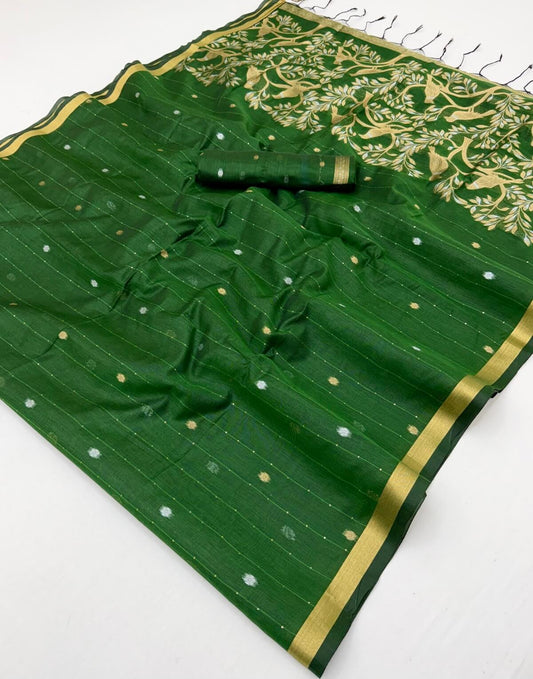 Transcendent Dark Green Pure Munga Cotton Saree With Groovy Blouse Piece