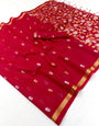Desirable Red Pure Munga Cotton Saree With Evocative Blouse Piece