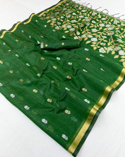 Dazzling Dark Green Pure Munga Cotton Saree With Sumptuous Blouse Piece