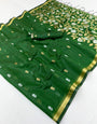Dazzling Dark Green Pure Munga Cotton Saree With Sumptuous Blouse Piece