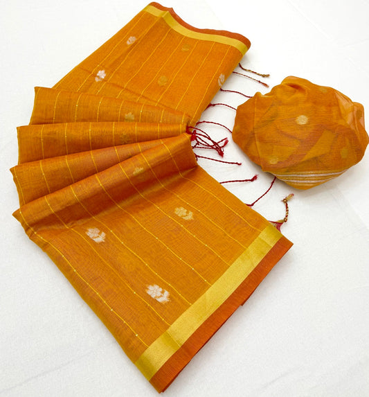 Prettiest Mustard Pure Munga Cotton Saree With Prodigal Blouse Piece
