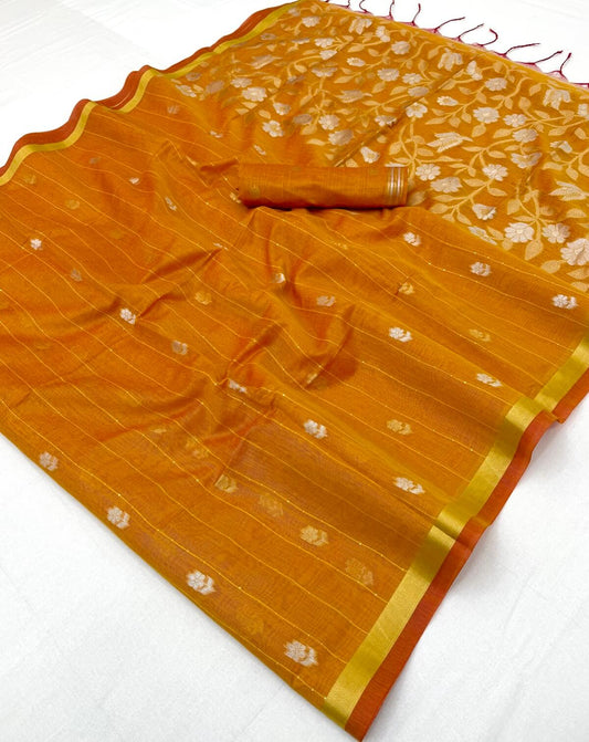 Prettiest Mustard Pure Munga Cotton Saree With Prodigal Blouse Piece