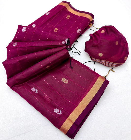 Quintessential Wine Pure Munga Cotton Saree With Gossamer Blouse Piece