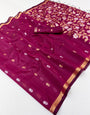 Quintessential Wine Pure Munga Cotton Saree With Gossamer Blouse Piece