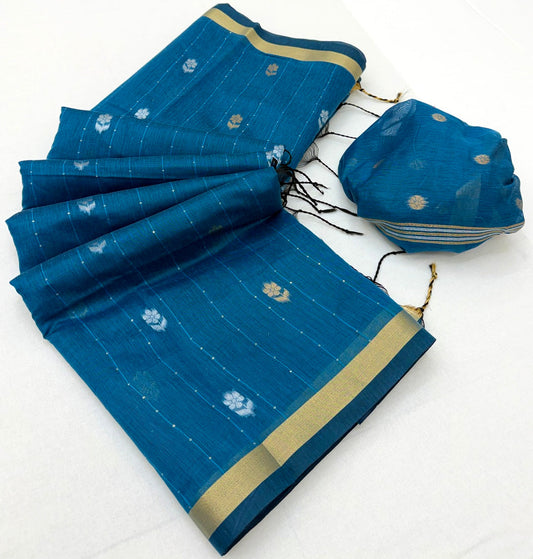 Impressive Blue Pure Munga Cotton Saree With Beleaguer Blouse Piece