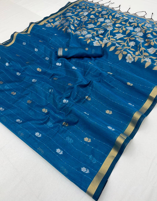 Impressive Blue Pure Munga Cotton Saree With Beleaguer Blouse Piece