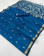 Impressive Blue Pure Munga Cotton Saree With Beleaguer Blouse Piece